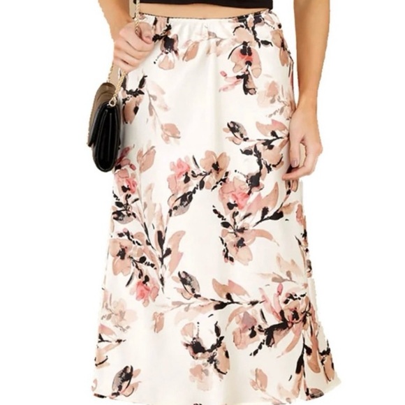 BOG Collective Dresses & Skirts - Floral Midi Skirt - Cream and Pink